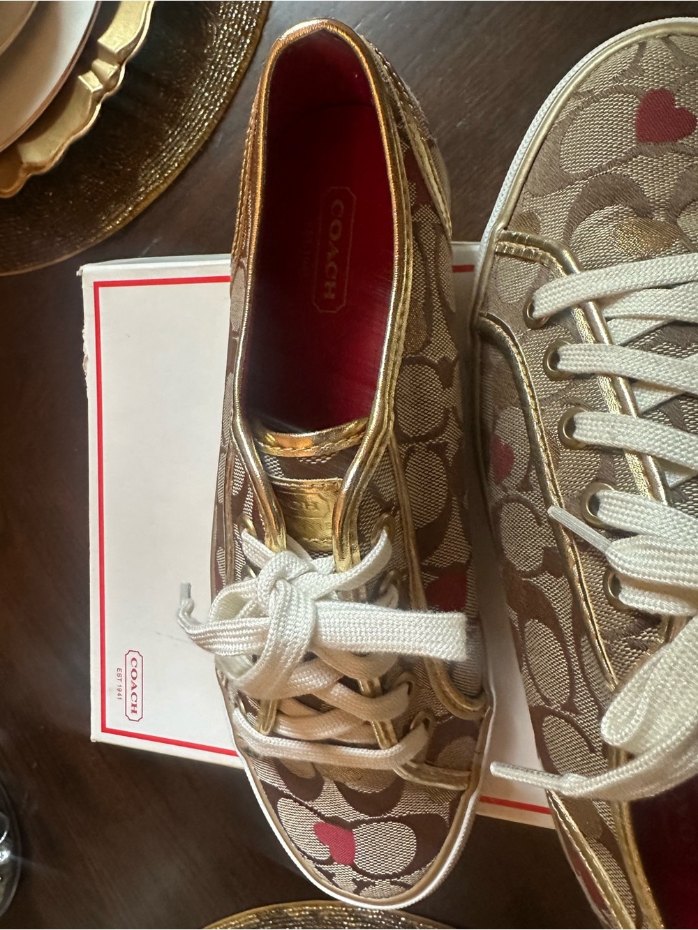 Slightly Worn Size 8Coach Beige Signature Canvas Sneakers with Red Heart Accents - Picture 5 of 8